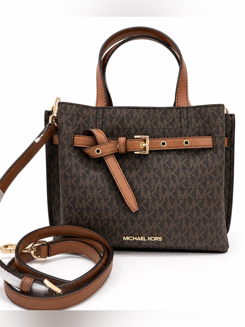 Michael Kors Emilia Small Logo Printed Canvas Satchel Bag in Brown